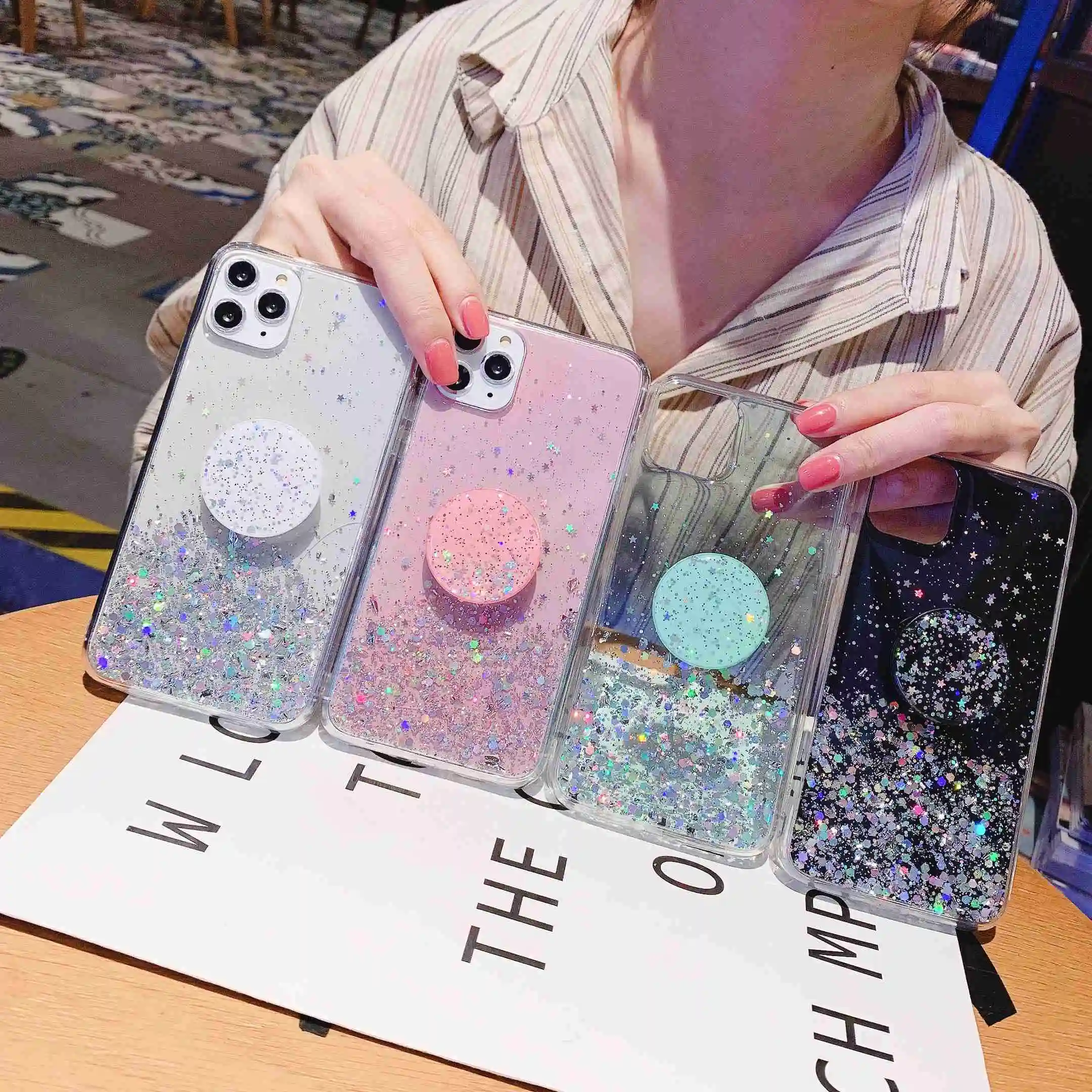 

NEW Cases For Huawei Honor 20 10i P Smart Plus 20 P20 Lite 2019 Pro Nova 5i Glitter Silver Foil Holder Clear Star Sparkle Fundas