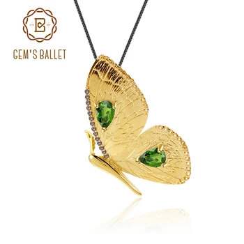 

GEM'S BALLET Gold Brooch Pendant Ladies 925 Sterling Silver Natural Green Chrome Diopside Butterfly Fashion Trend Jewelry