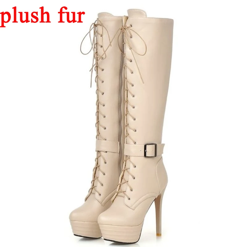 Haoshen&Girl PU Leather Shoes Women Knee High Lace up Boots 13cm High Heels Platform Stiletto Heel Sexy Booties Plus Size 3-11.5 - Цвет: Beige Fur