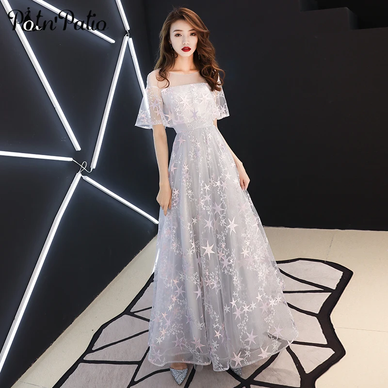 

Princess Gray Prom Dresses Long 2019 New Elegant Scoop Neck With Jacket A-line Floor-length Star Lace Evening Dresses Plus Size