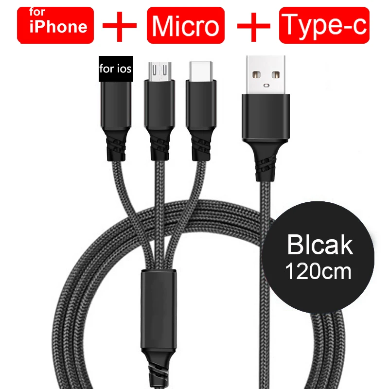 Оригинальный 3 в 1 USB кабель для iPhone XR 11 Pro Max X 8 7 Samsung S9 Xiaomi 2 usb-c Micro Type C 3.0A Quick Charge kabel usb