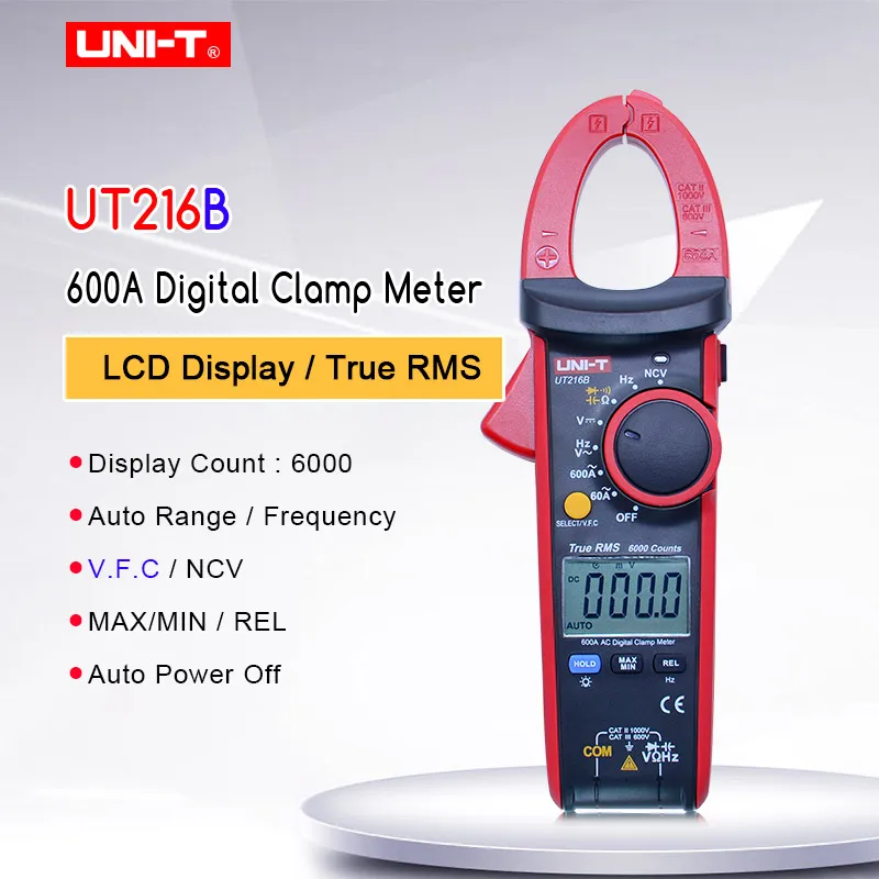 

LCD Display 600A True RMS Digital Clamp Meters Auto Range AC/DC/Resistance/Capacitance/ Data Hold Multitester UNI-T UT216B