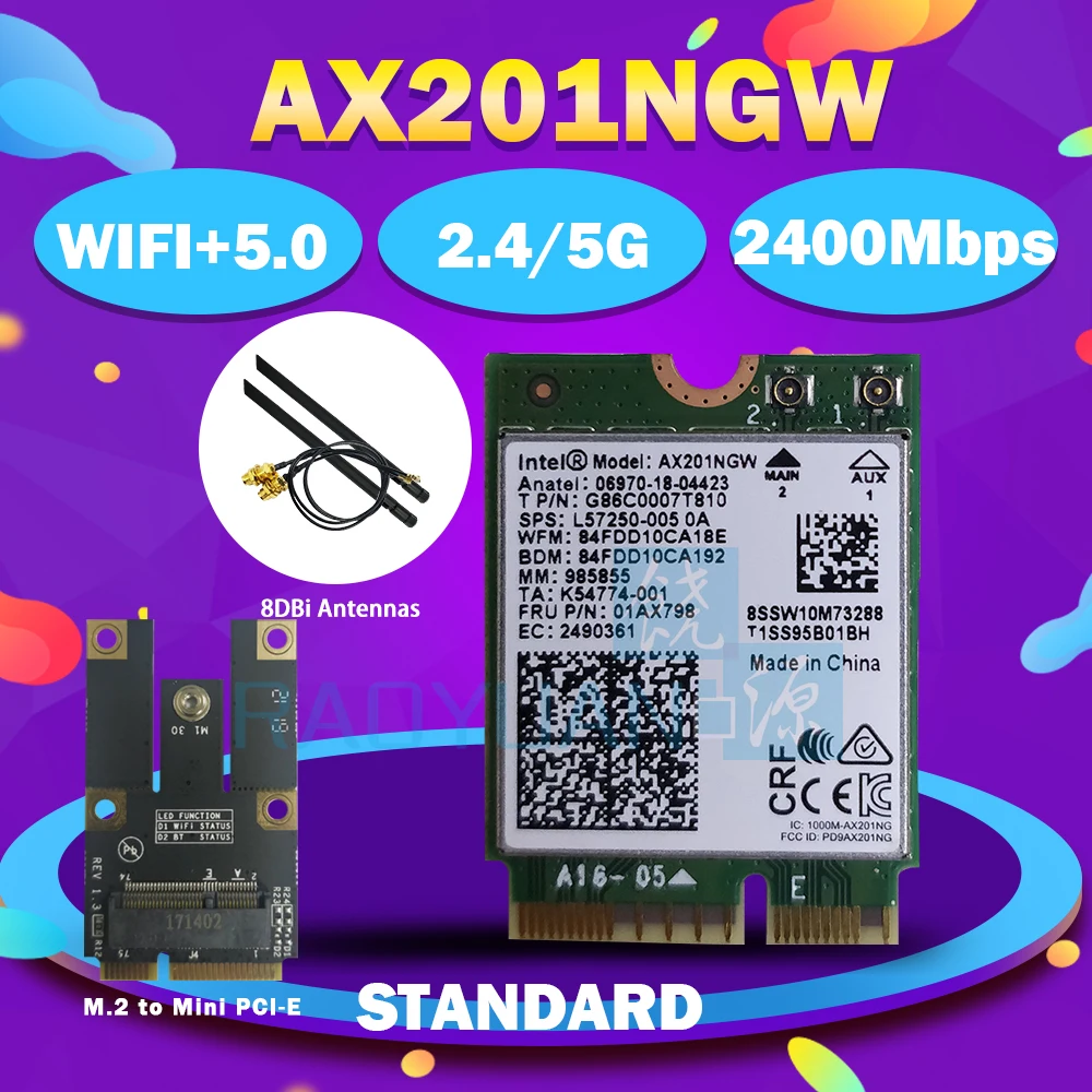 Dual Band 2400Mbps Wireless For Intel Wi-Fi 6 AX201 Bluetooth 5.0 NGFF Key E CNVi Wifi Card AX201NGW 2.4Ghz/5Ghz 802.11ac/ax 