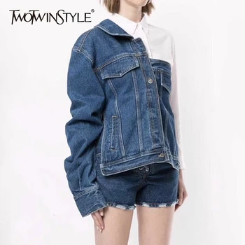 

TWOTWINSTYLE Asymmetrical One Shoulder Denim Women's Jacket Lapel Collar Long Sleeve Pockets Female Jackets 2020 Autumn Fashion