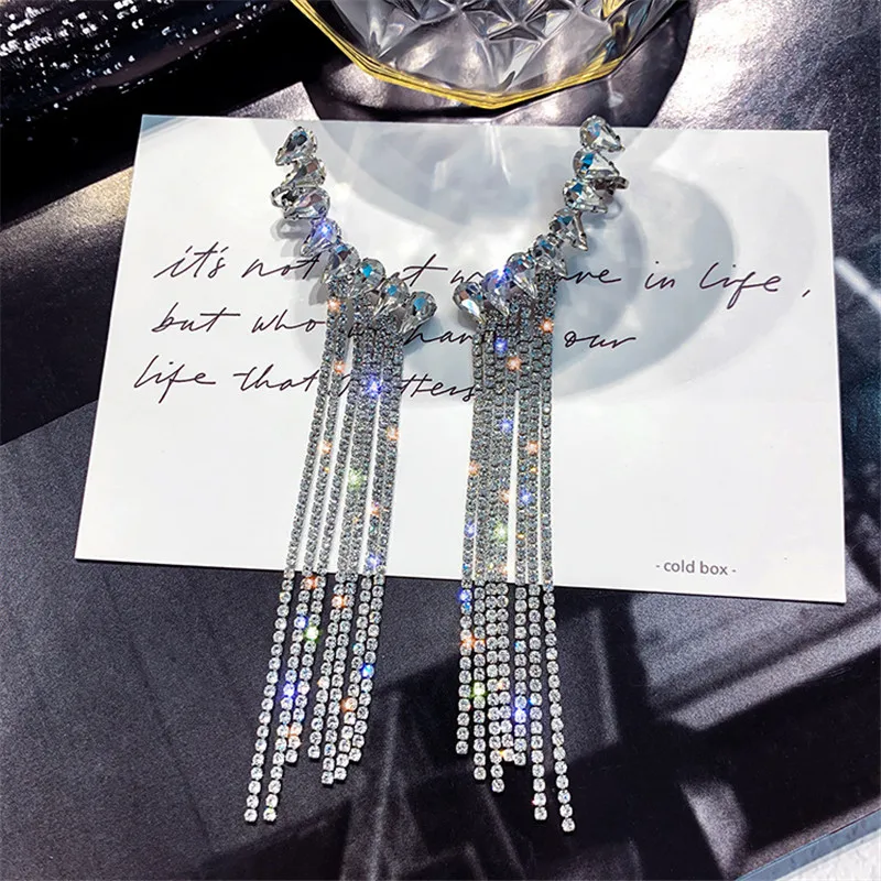 FYUAN Fashion Long Tassel Full Rhinestone Drop Earrings 