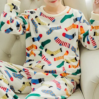 

2020 Winter Pajamas Women Korean Sleepwear Cute Cartoon Flannel Pajamas Set Velvet Warm Pijama Round Neck Pyjama Homewear Women