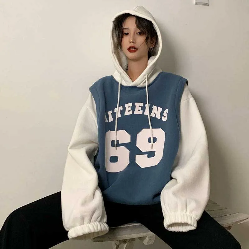 NiceMix Женская Толстовка черная Лоскутная Толстая корейская модная одежда Ulzzang теплые мужские толстовки пуловеры высокого качества уличная одежда