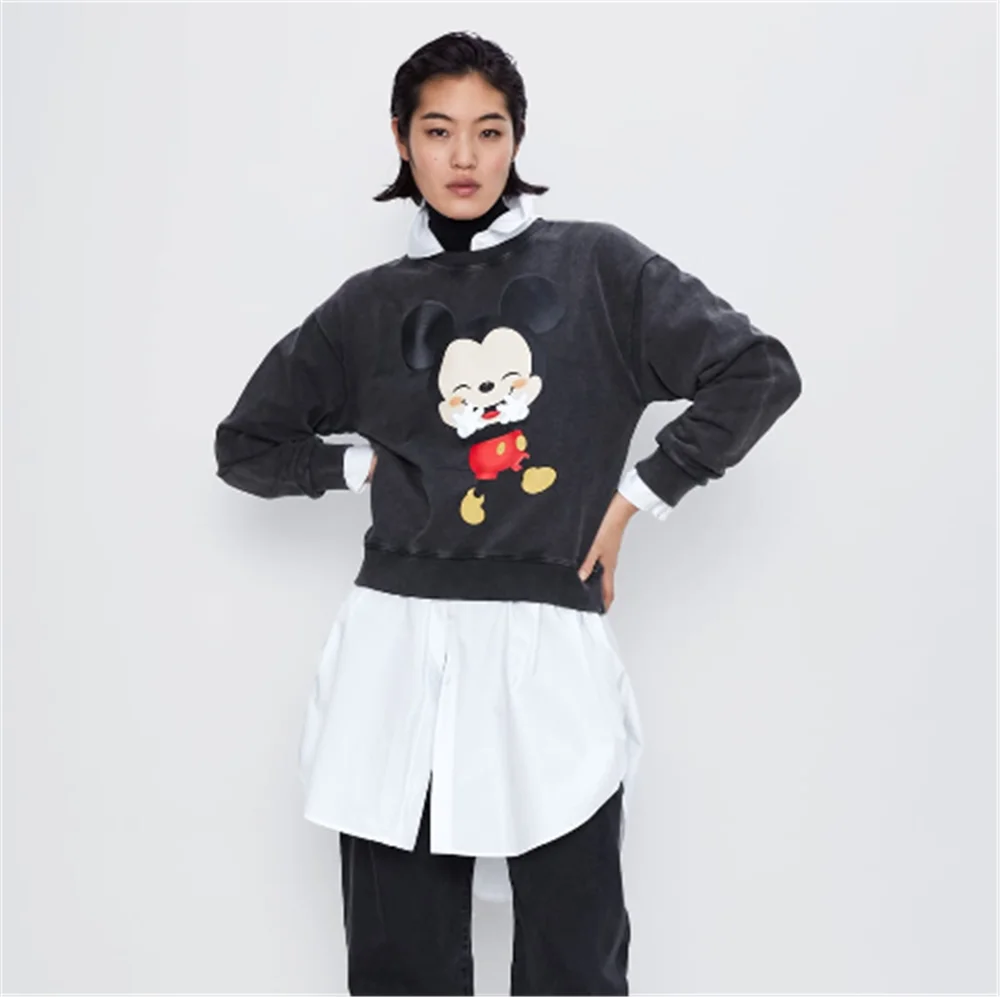 2020 ZA Spring New Women's Printed Sweater Fashion Black Cartoon Boho Round Neck Long Sleeve Gift Wholes | Женская одежда