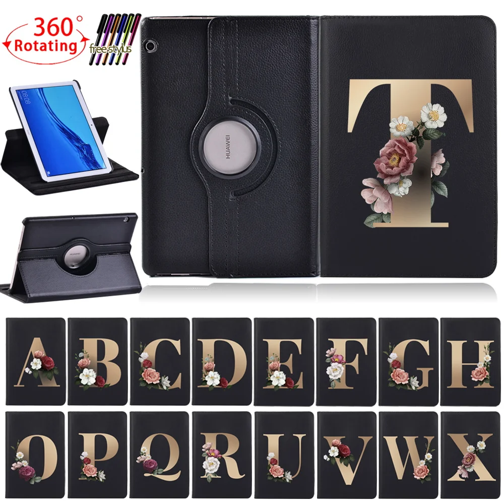 

Case for Huawei MediaPad T3 10 9.6"/T5 10 10.1" Flower Letters 360 Rotating Tablet PU Leather Stand Cover Case+ Free Stylus