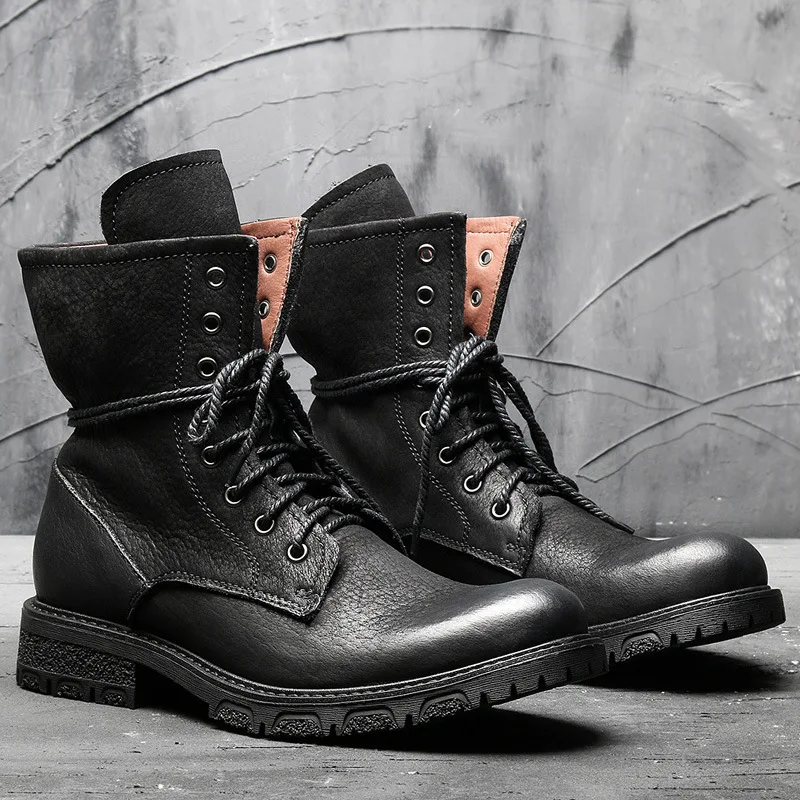 

Winter Genuine Leather England Hight-top Martin Boots Men's Worker Boot Retro Mid-top Men's Boot Fashion round-Toe Tube Combat B