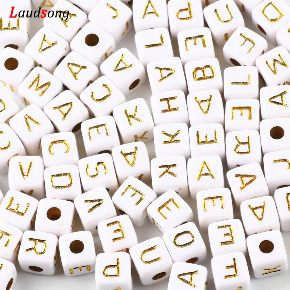 50pcs 10x10mm Gold Color Acrylic Letter Beads Square Spacer