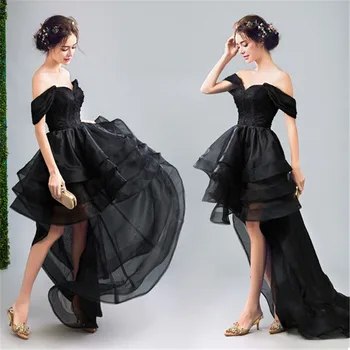 

Asymmetrical Sexy Black Prom Dresses Female Boat Neck Luxury Crystals Vestido Preto Pearl Dress Evening Party Off Shoulder Gown