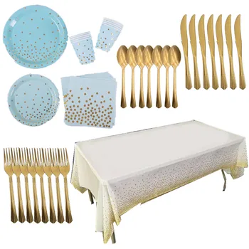 

For 10 people 71pcs Birthday Hot stamping blue Gold Towel Napkin tablecloth cup plate spoon Fork Party Tissue Birthday Wedding