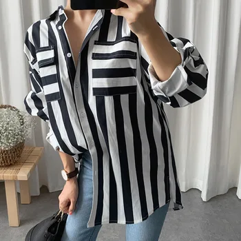 

SuperAen Spring and Autumn New 2020 Shirts Women Leisure Wild Cotton Fashion Ladies Blouses and Tops Stripe Long-Sleeve Shirts