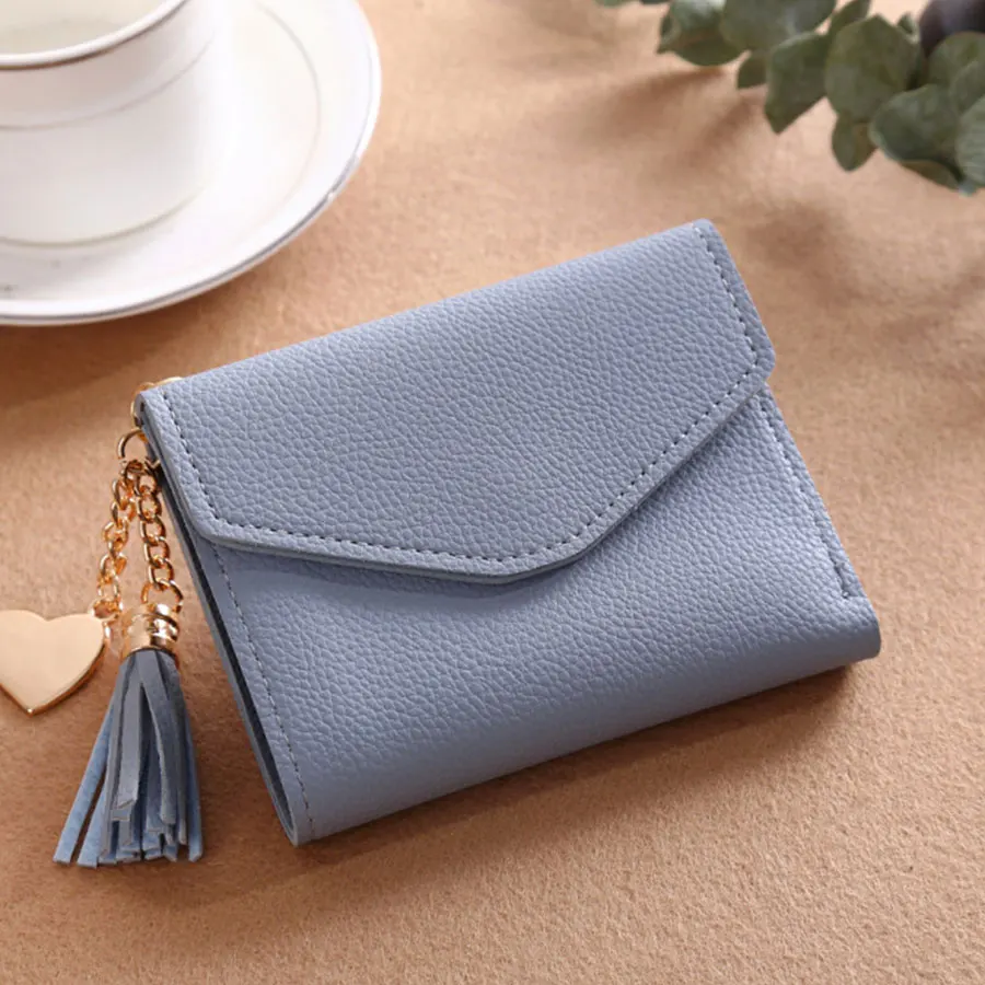blue Модный женский кошелек с кисточкой и подвеской для кредитных карт, маленький кошелек с несколькими картами, кожаные короткие женские кошельки и кошельки - Цвет: blue