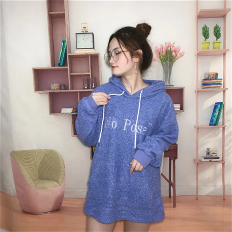 A Blue SZMALL, новинка, популярная зимняя теплая шерстяная толстовка с капюшоном для женщин, с буквенным принтом, флис, длинный рукав, свободная толстовка с капюшоном, пуловеры, женские топы, одежда - Цвет: A Blue