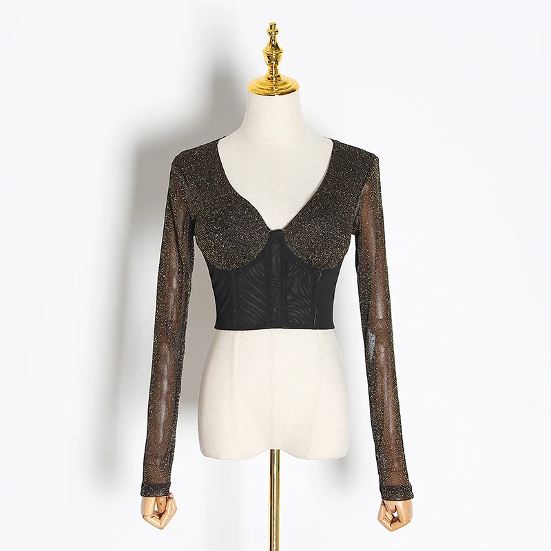 Женская блузка с длинным рукавом TWOTWINSTYLE весенняя черная короткая облегающая