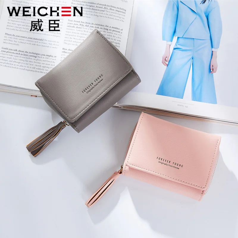 WEICHEN New Buckle Wallet Ladies Short Tassel Wallet Multi-Card Japanese Korean Wallet Large Zipper Coin Wallet