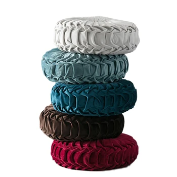 

35cm Round Throw Pillows Solid Color Velvet Pleated Pumpkin Filled Cushion for Home Sofa Chair Bed Car Décor