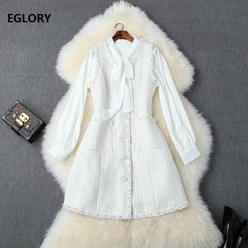 

High Quality Designer Clothing Sets 2019 Autumn Wool Dress Suit Women Bow Collar White Shirt+Beading Button Wool Vest Dress Set