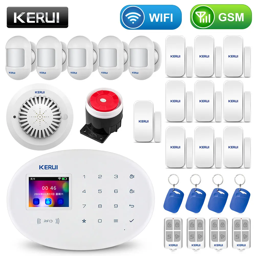 Alarm KIT9 KERUI wifi GSM домашняя система охранной сигнализации с 2,4 дюймов TFT сенсорной панелью приложение управление RFID карта беспроводной умный дом Охранная сигнализация - Цвет: Alarm KIT9