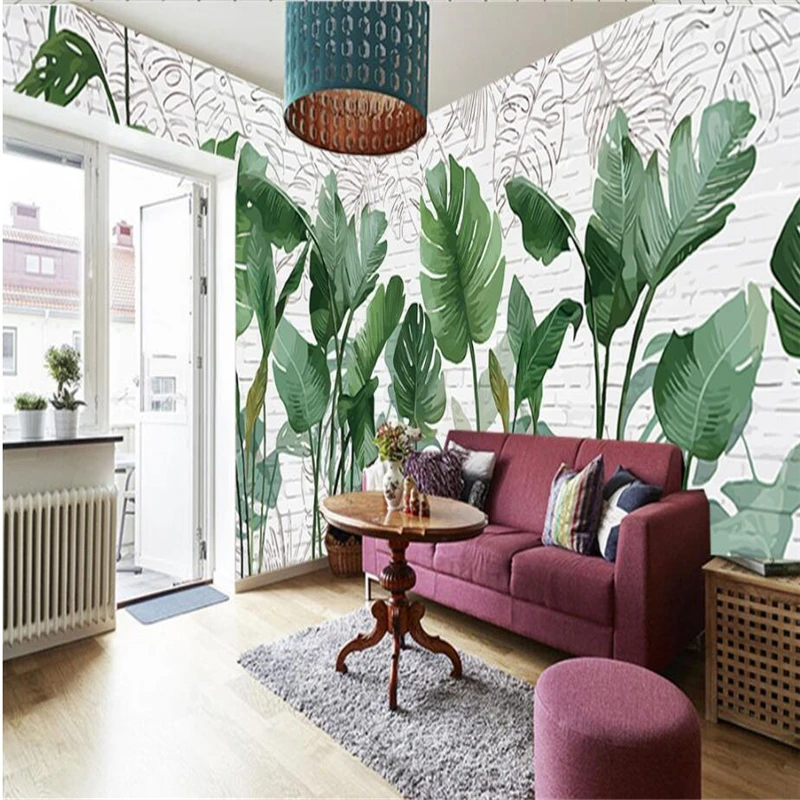 

wellyu Custom 3d wallpapers Nordic hand painted brick wall plant banana leaves wallpaper wallpaper in the living room TV