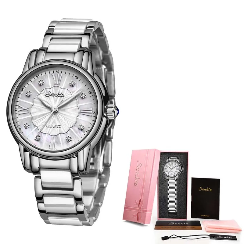 Silver white SUNKTA2019 список розовое золото женские часы кварцевые часы дамы Топ бренд класса люкс Женские часы девушка часы Relogio Feminino+ коробка - Цвет: Silver white