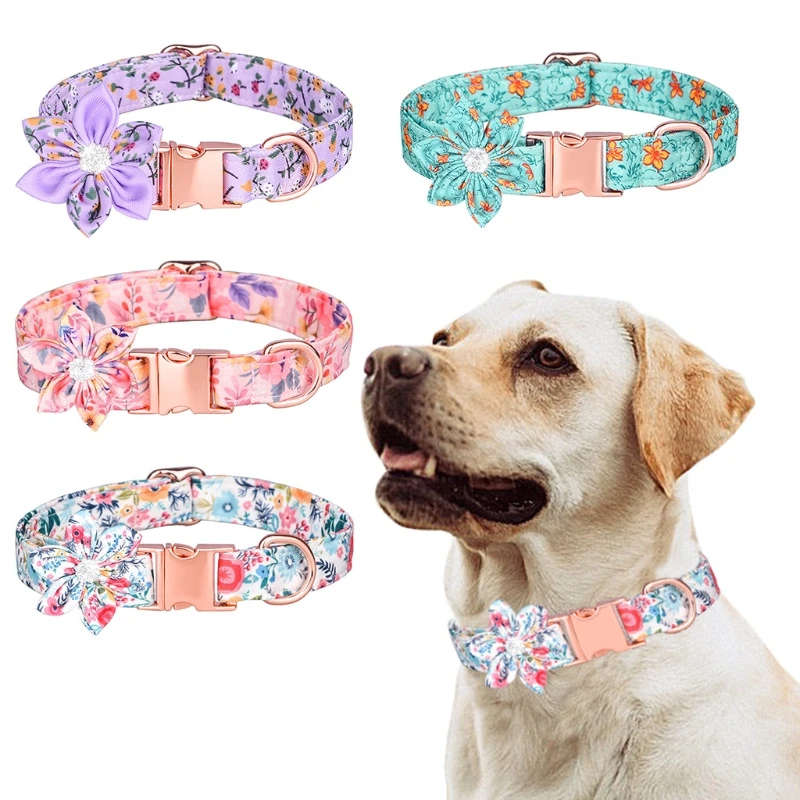 Floral Girl Dog Collar，Cotton Dog Collars for Dogs Female Dog Collar with  Flower Fall Cute Dog Collars with Quick Release Buckle Puppy Collars Pet  Dog