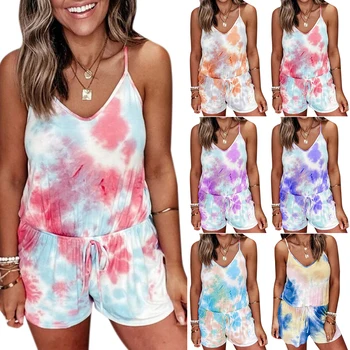 

Women Tie Dye Plus Size Camis Cotton Blend Sleeveless Top Sportswear Elastic Waist Short Pants Set 5XL