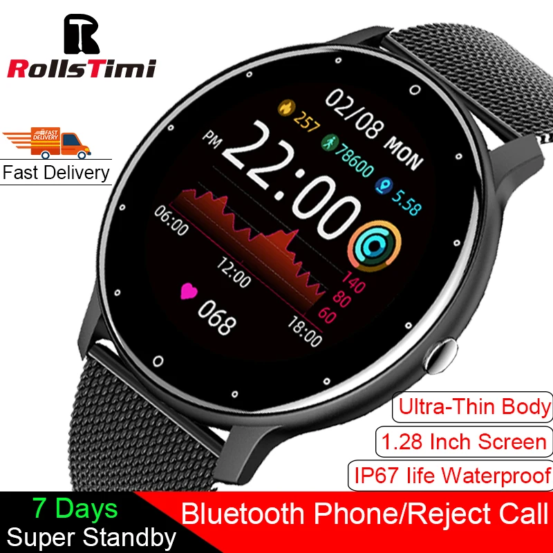 Rollstimi Full Touch Screen Sport Smart Watch Men Women IP67 Heart Rate Fitness Bluetooth For Android ios Tracker Smart watch