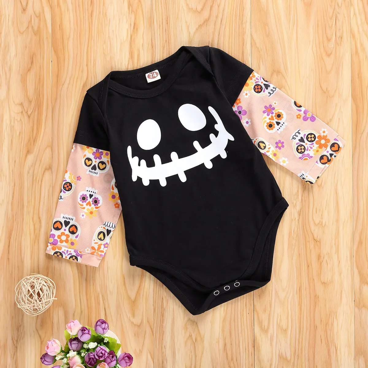 3-18M Halloween Costumes Newborn Infant Baby Boys Cartoon Letters Print Long Floral Sleeve Button Covered Rompers Outfits New