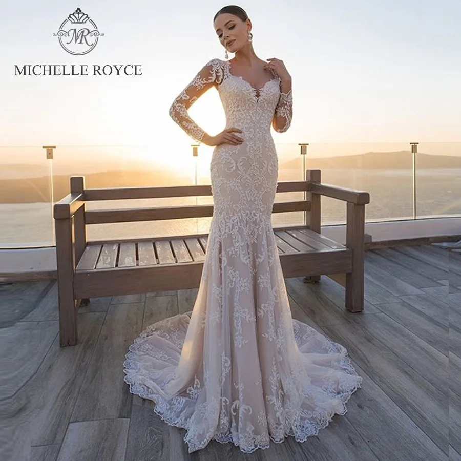 

Michelle Royce Mermaid Wedding Dresses 2020 Sexy Deep V-neckline Cut-out Appliques Lace Button Bridal Gown Vestido De Noiva