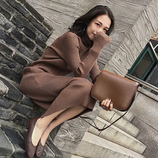 Knitted dress women's long sleeve midi 2020 Autumn and Winter new warm high collar thickened over knee sweater bottom skirt
