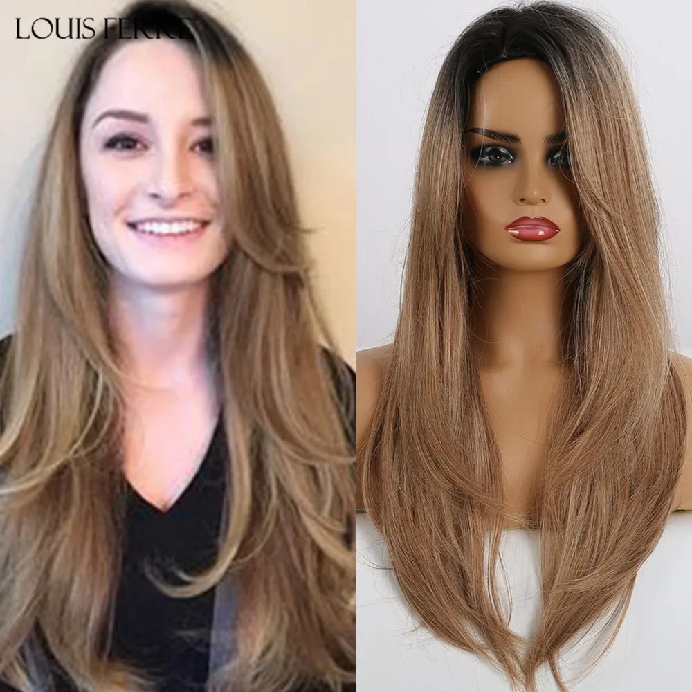 

LOUIS FERRE Women's Synthetic Wig Long Straight Layered Hairstyle Ombre Black Brown Wigs Side Part Cosplay Wig Heat Resistant