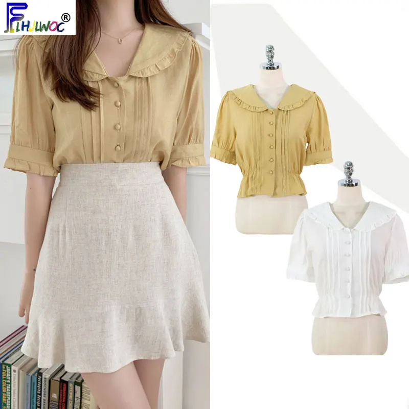 

Cute Sweet Tops Vintage Woman Short Sleeve Korea Japan Preppy Style Girls Basic Ruffled Peplum Top Blouse Shirt White