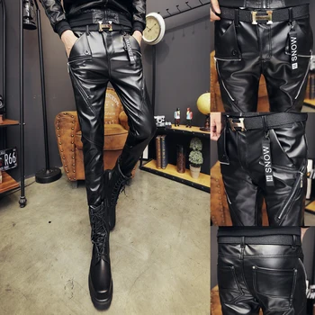 

2020 Autumn winter new social boy fashionable male personality decorative small feet PU leather pants