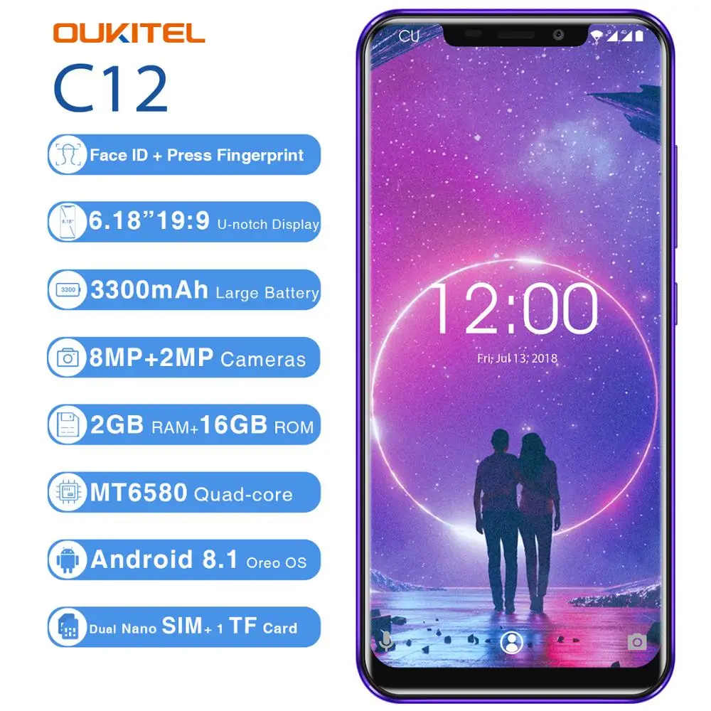 Oukitel C12 3G Smartphone 6.18'' Android 8.1 MT6580 Quad Core 2GB RAM 16GB ROM 2.0MP Front Camera Fingerprint 3300mAh Cellphones