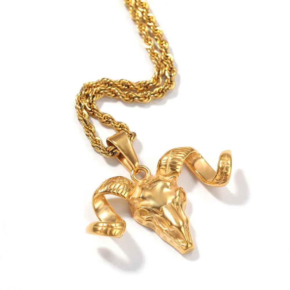 

Hip Hop Gold Titanium Steel Skull Goat Horn Pendants Necklaces for Men Rock Jewerly Drop Shipping