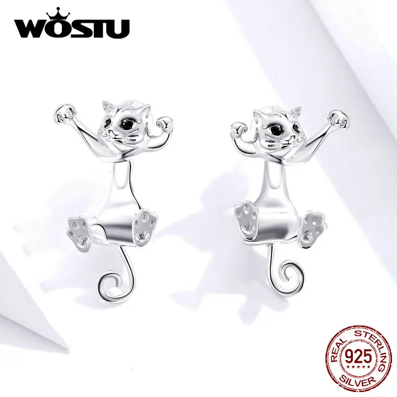WOSTU 925 пробы серебряные серьги-гвоздики с кошечкой для женщин милые маленькие серьги Свадебные серебряные 925 ювелирные изделия CQE766