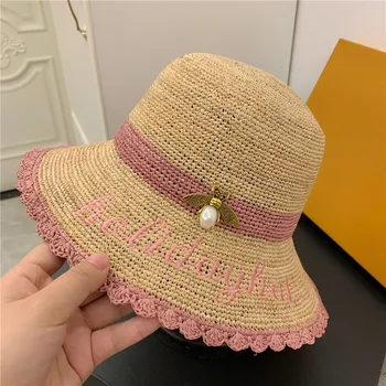 

202004-yy handmade raffia grass bee pearl lady leisure cap women sun hat