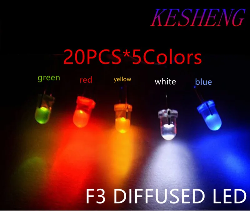 

100Pcs/lot 5 Colors F3 3MM Round LED Assortment Kit Ultra Bright Diffused Green/Yellow/Blue/White/Red Light Emitting Diode