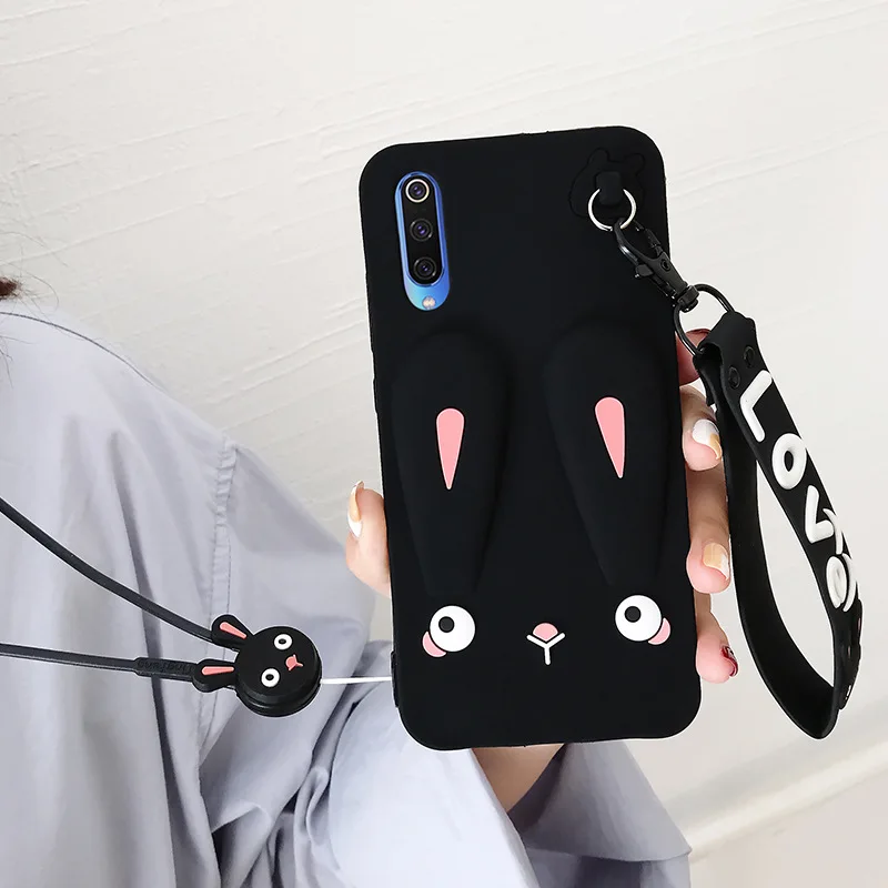 Adorable Phone Case For Xiaomi Redmi Note 8 Pro Note 8 Redmi 7 7A K20 Safe Silicone Rabbit Case With Cute Short+ Long Lanyard - Цвет: Black