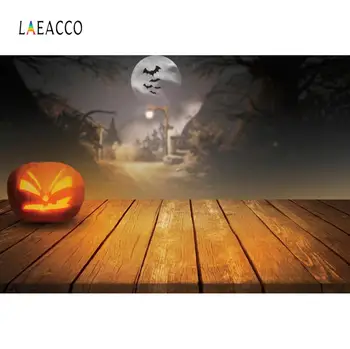 

Laeaco Wood Board Floor Happy Halloween Festivals Pumpkin Dark Night Moon Party Baby Scene Photo Background Photography Backdrop