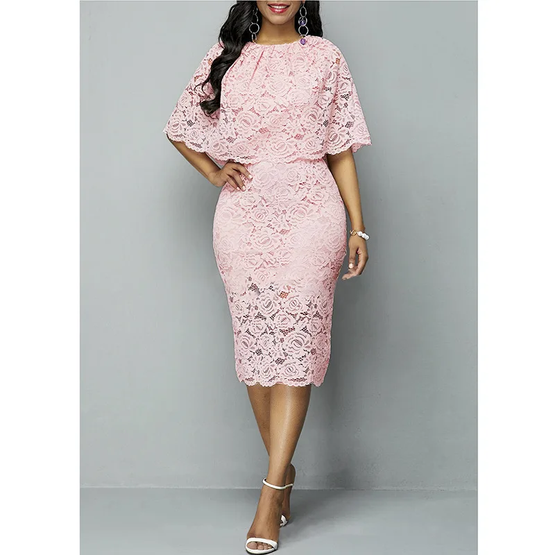 AliExpress Amazon Women's Shawl Elegant Lady Mid-Length Slim-Fit Sheath Lotus Pink Lace Dress