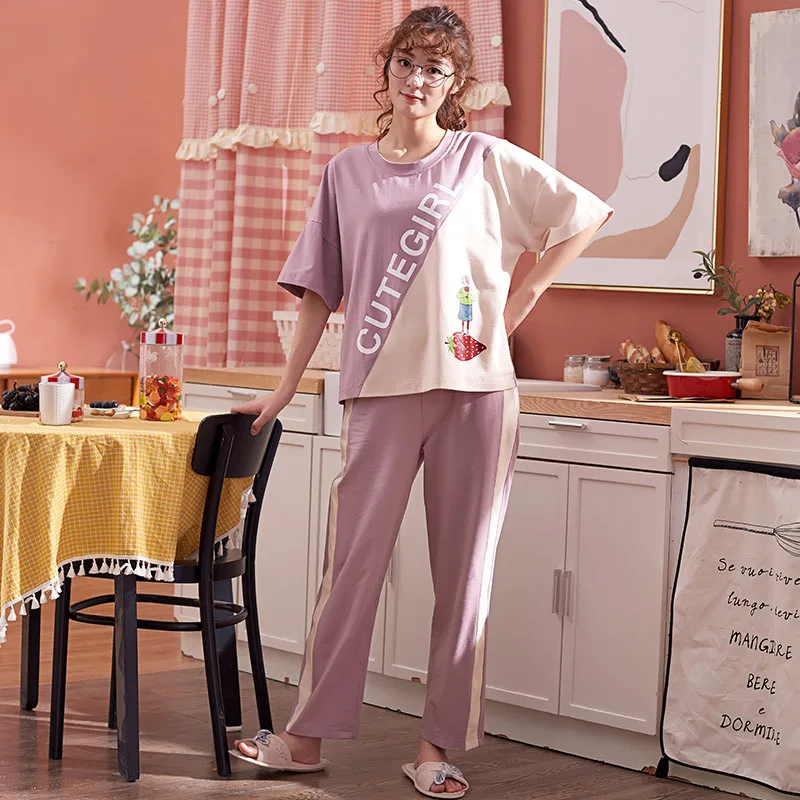 

Pajamas Women's Summer Short-sleeved Pure Cotton Korean-style Trousers Thin Type for Spring And Autumn Taro Purple Cute Tracksui