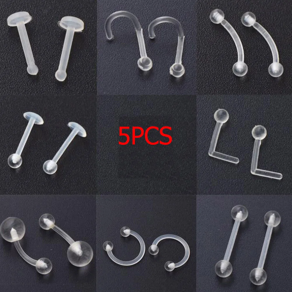 5 шт. штанга для пирсинга языка, Дамское простое кольцо для носа, стиль, фиксатор, шпилька, прозрачный, для женщин, ювелирные изделия для тела Bioflex