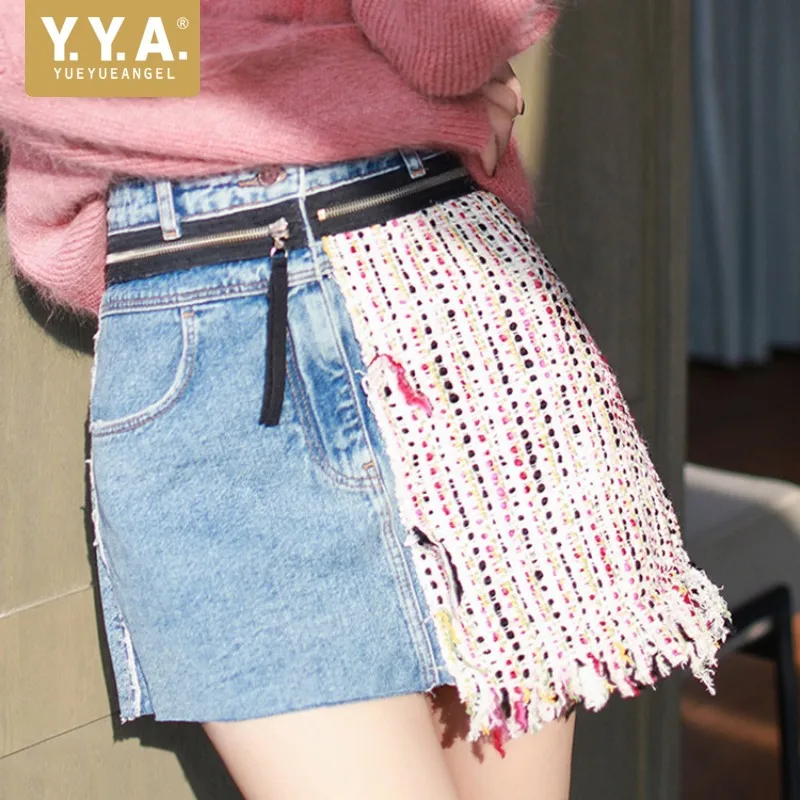 

Summer Women Zipper High Waist Patchwork Denim Skirt Sexy Mini Tassels Tweed Skirt Korean Irregular A Line Kpop Ladies Skirts