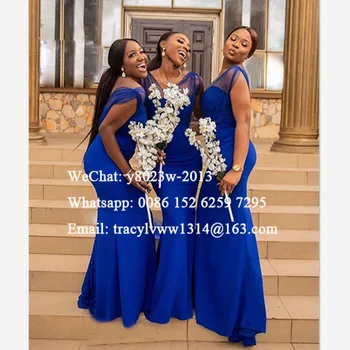 

African Women Mermaid Long Bridesmaid Dresses 2020 Royal Blue V Neck Wedding Guest Dress Vestidos De Fiesta De Noche