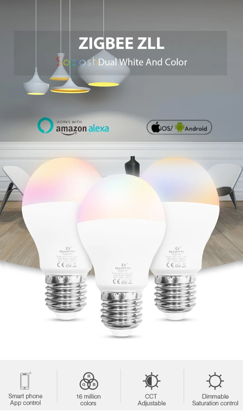 GLEDOPTO ZIGBEE 6 Вт RGB+ CCT умный светильник лампа совместима с Amazon Echo Plus Echo Show Alexa SmartThings светильник ify