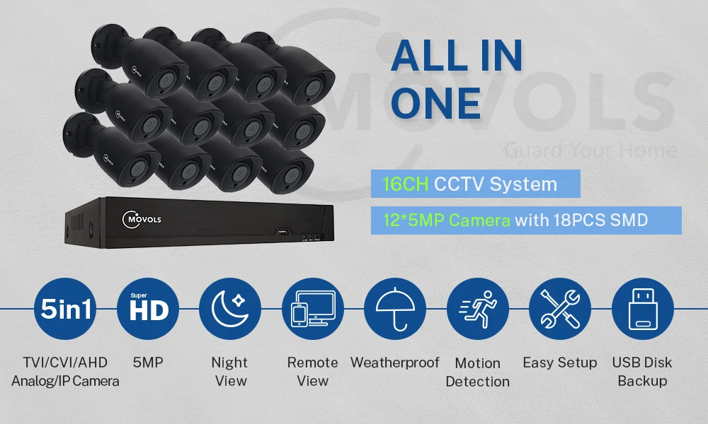 MOVOLS 5MP безопасности Камера Системы 16CH H.265 XVR HD Крытый 12x5 Мп 2560*1920 HD CCTV Камера видео наблюдения наборы